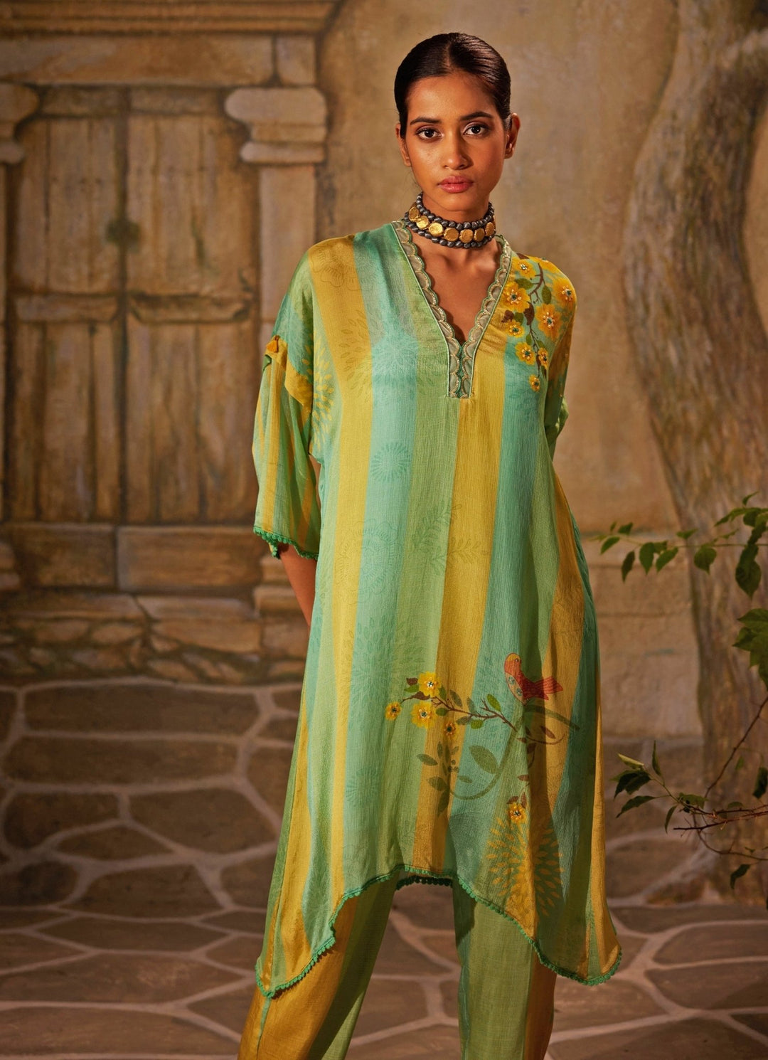 Mint Green Printed Chiffon Kurta Pants Set Basil Leaf - Fabilicious Fashion
