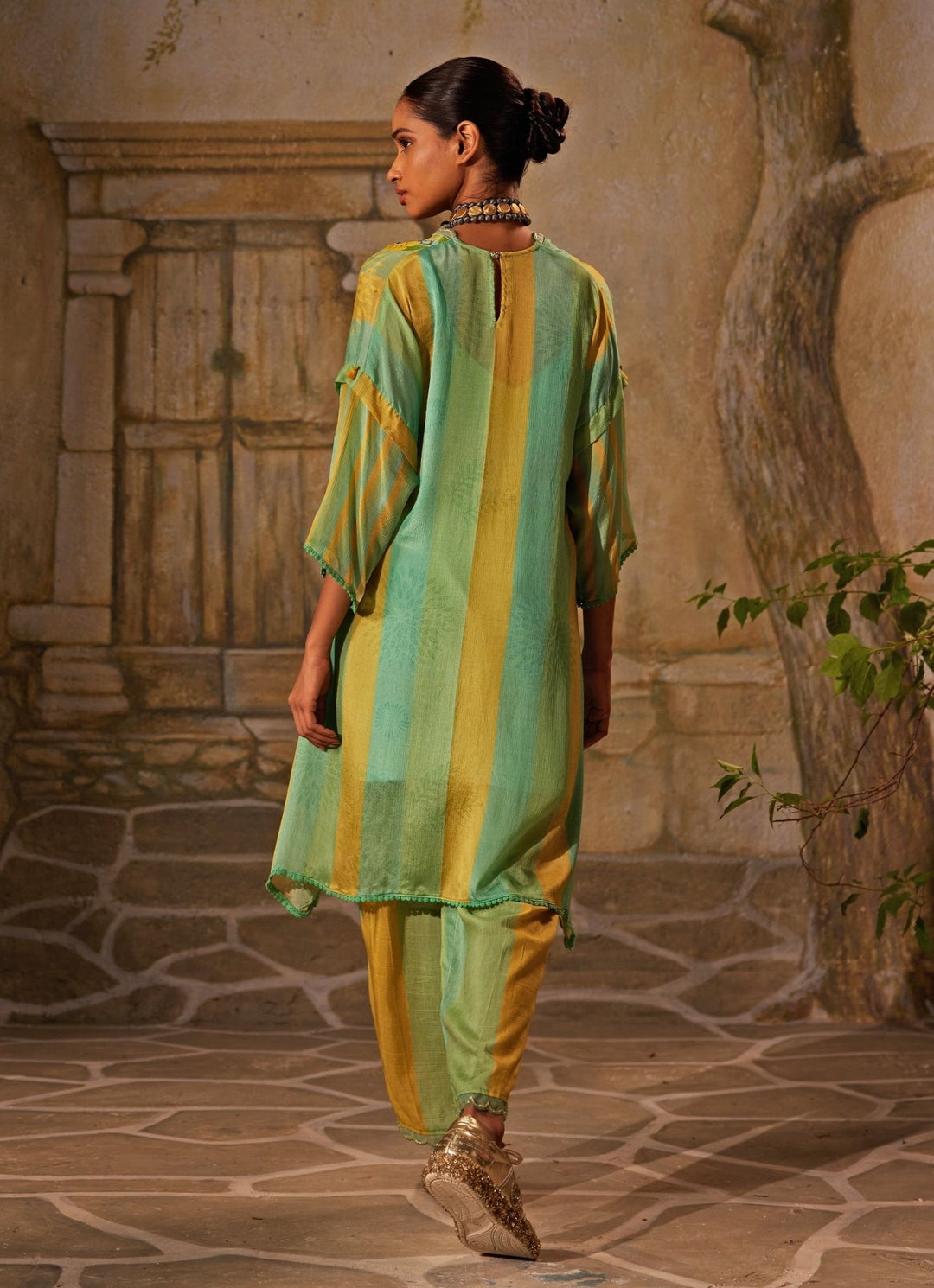 Mint Green Printed Chiffon Kurta Pants Set Basil Leaf - Fabilicious Fashion
