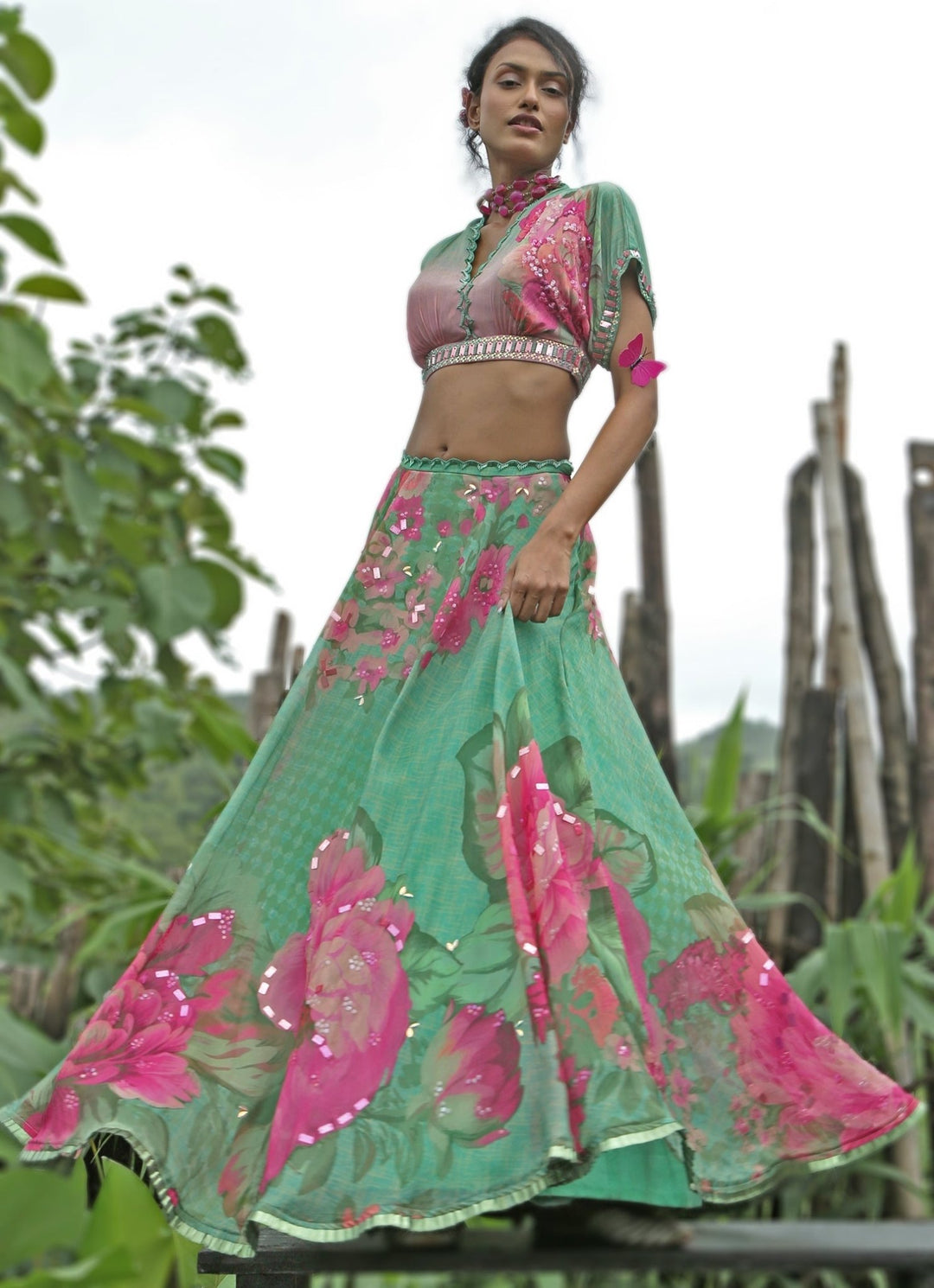 Mint Green Printed Chiffon Lehenga Set Basil Leaf - Fabilicious Fashion