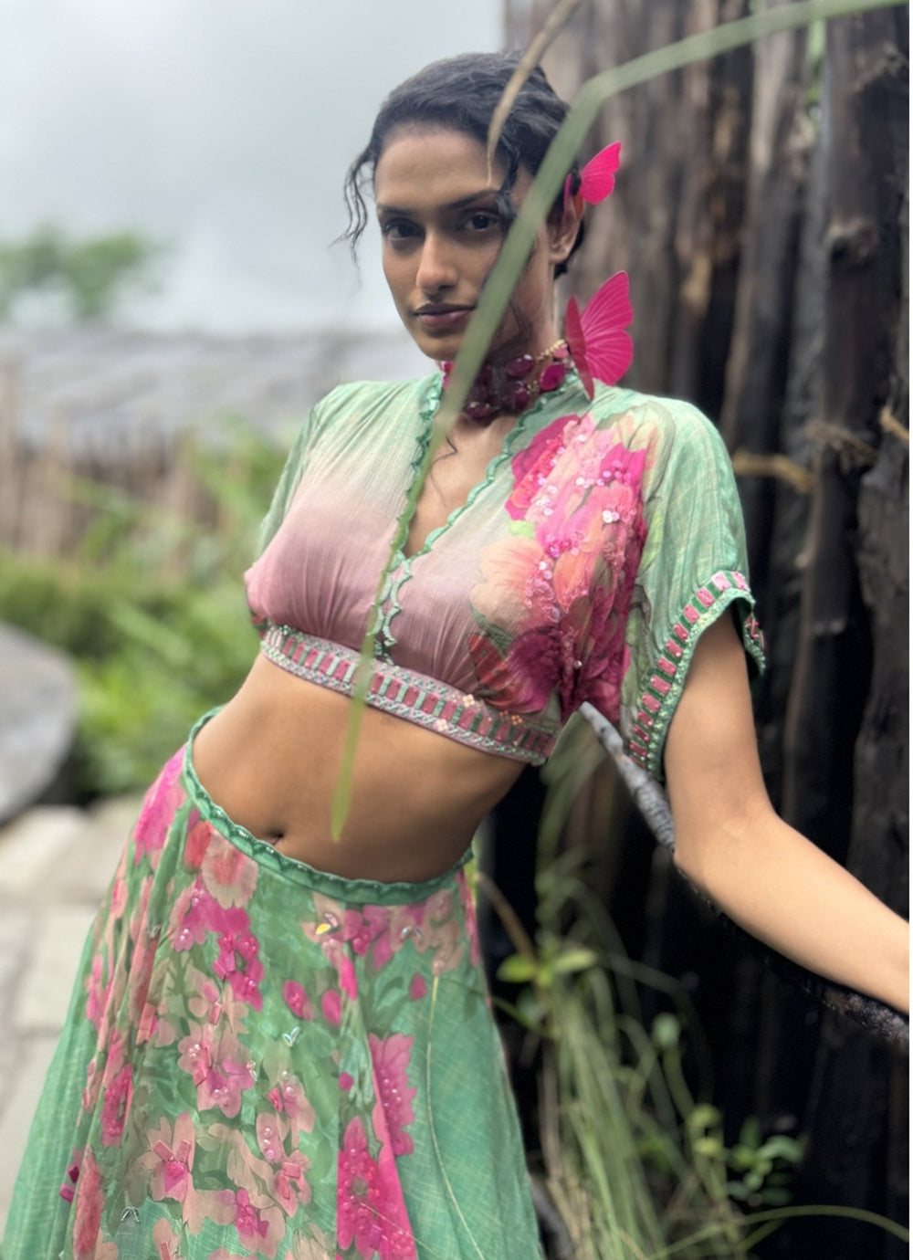 Mint Green Printed Chiffon Lehenga Set Basil Leaf - Fabilicious Fashion