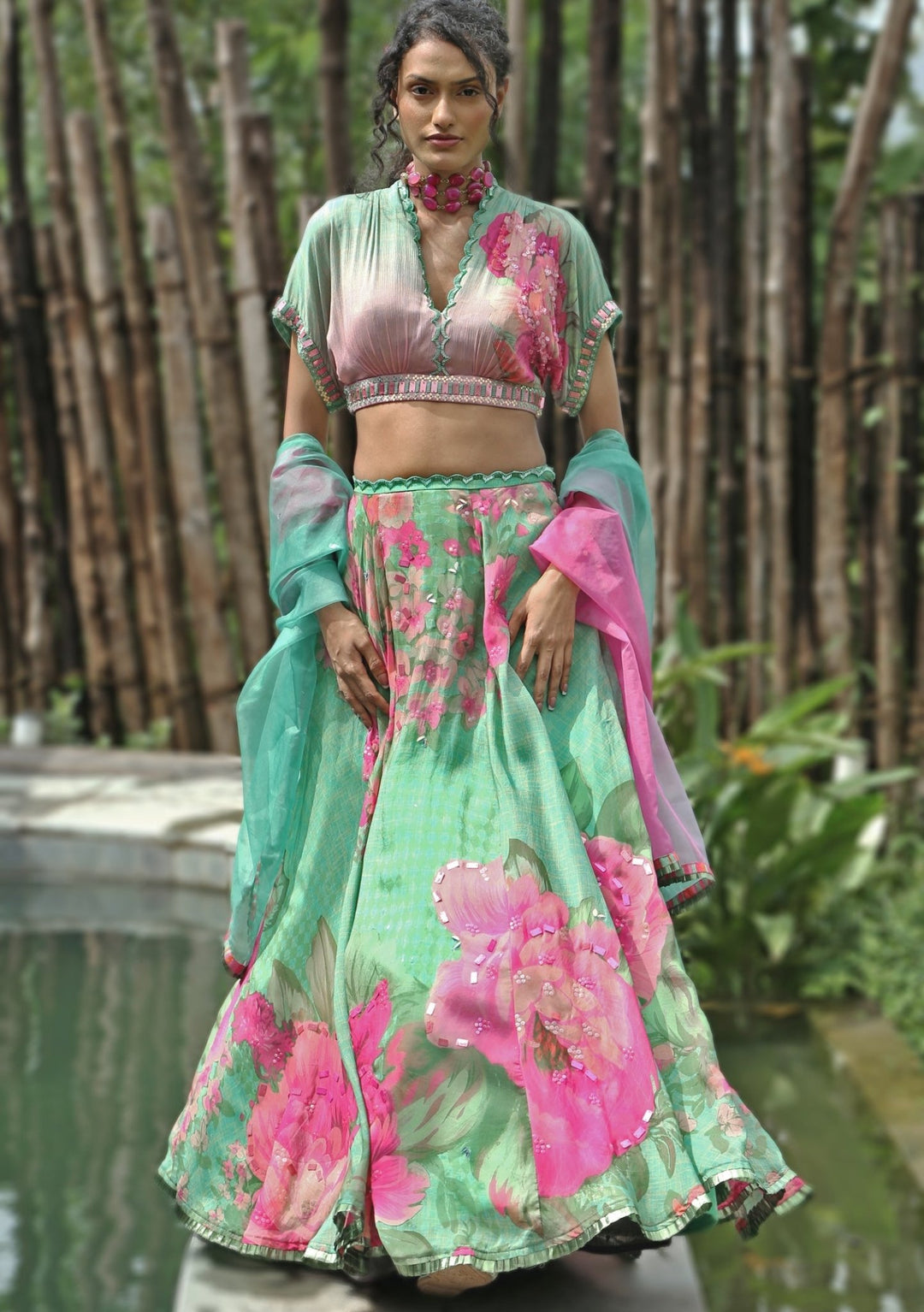 Mint Green Printed Chiffon Lehenga Set Basil Leaf - Fabilicious Fashion