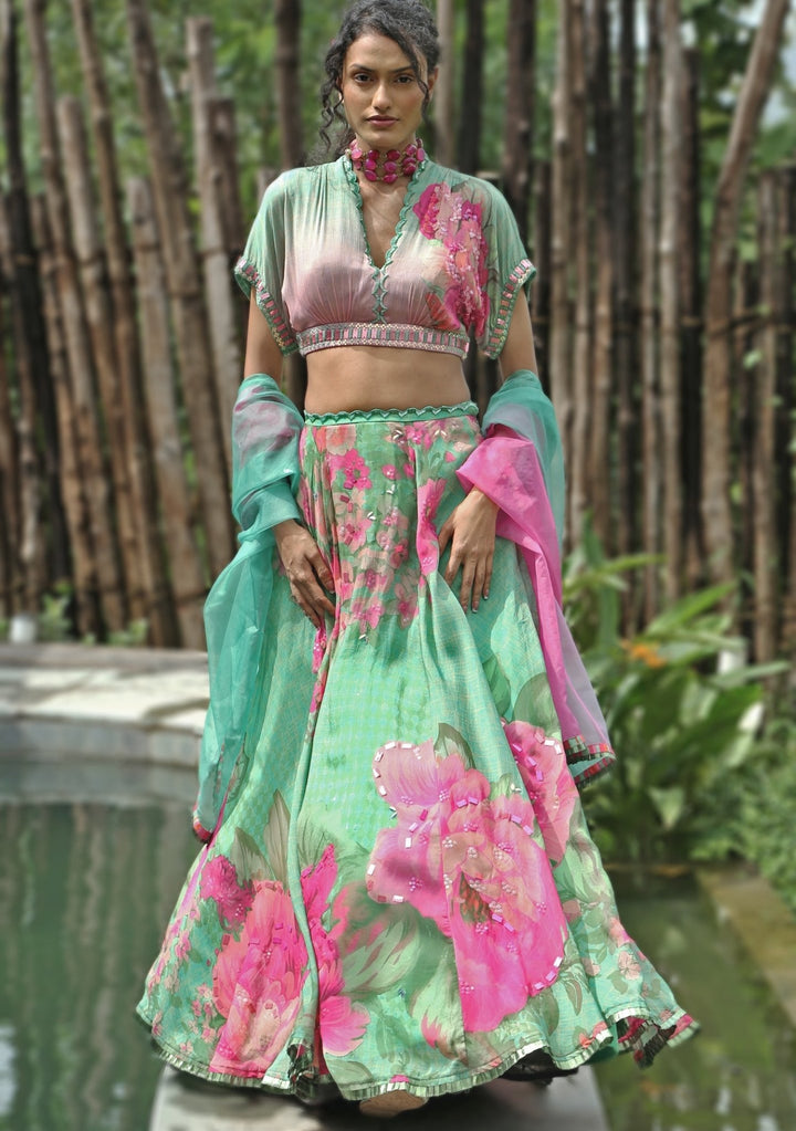 Mint Green Printed Chiffon Lehenga Set Basil Leaf - Fabilicious Fashion