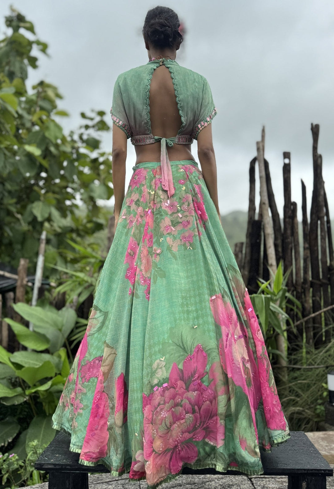 Mint Green Printed Chiffon Lehenga Set Basil Leaf - Fabilicious Fashion