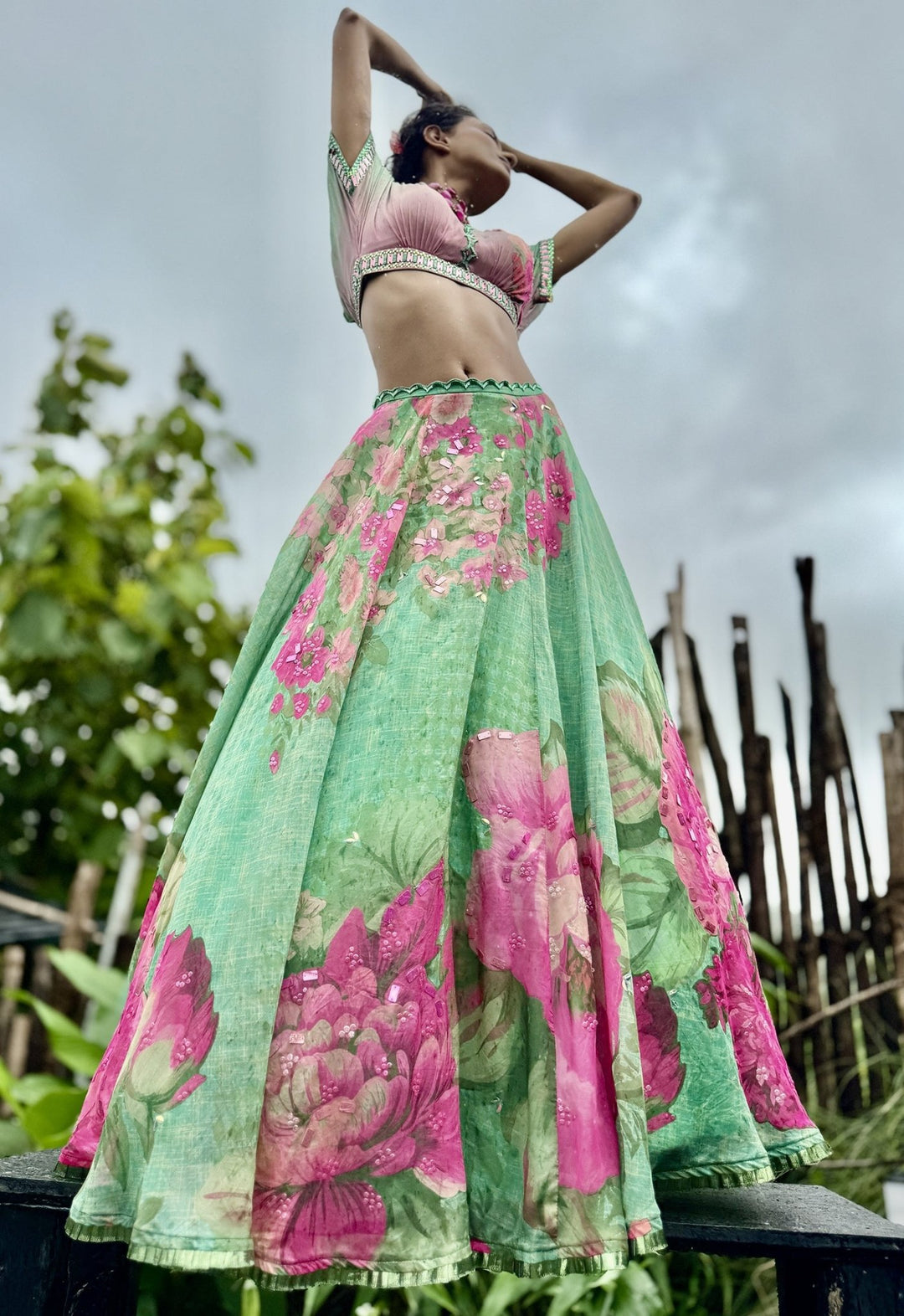 Mint Green Printed Chiffon Lehenga Set Basil Leaf - Fabilicious Fashion