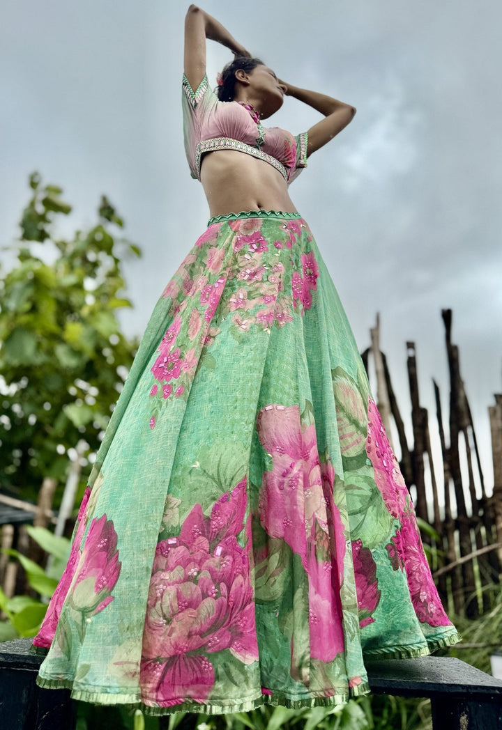 Mint Green Printed Chiffon Lehenga Set Basil Leaf - Fabilicious Fashion