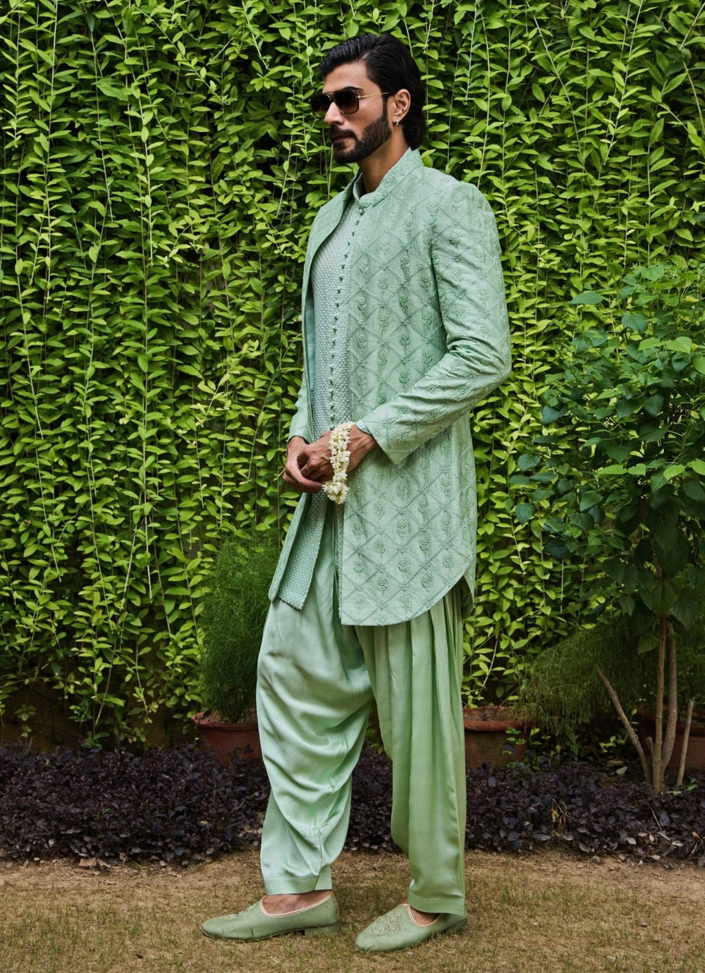 Mint Green Raw Silk Open Jacket Set Nitika Gujral - Men - Fabilicious Fashion