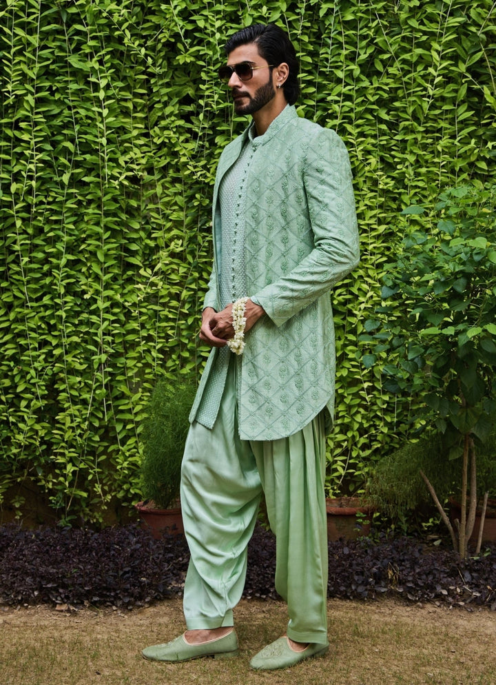 Mint Green Raw Silk Open Jacket Set Nitika Gujral - Men - Fabilicious Fashion