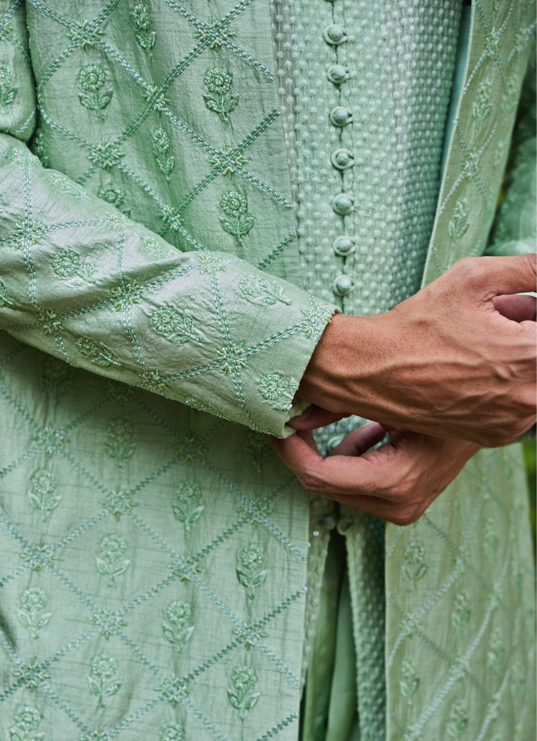 Mint Green Raw Silk Open Jacket Set Nitika Gujral - Men - Fabilicious Fashion