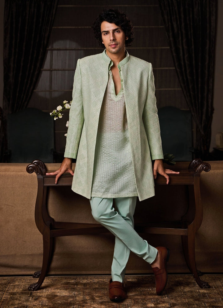 Mint Green Raw Silk Sherwani Set Nitika Gujral - Men - Fabilicious Fashion