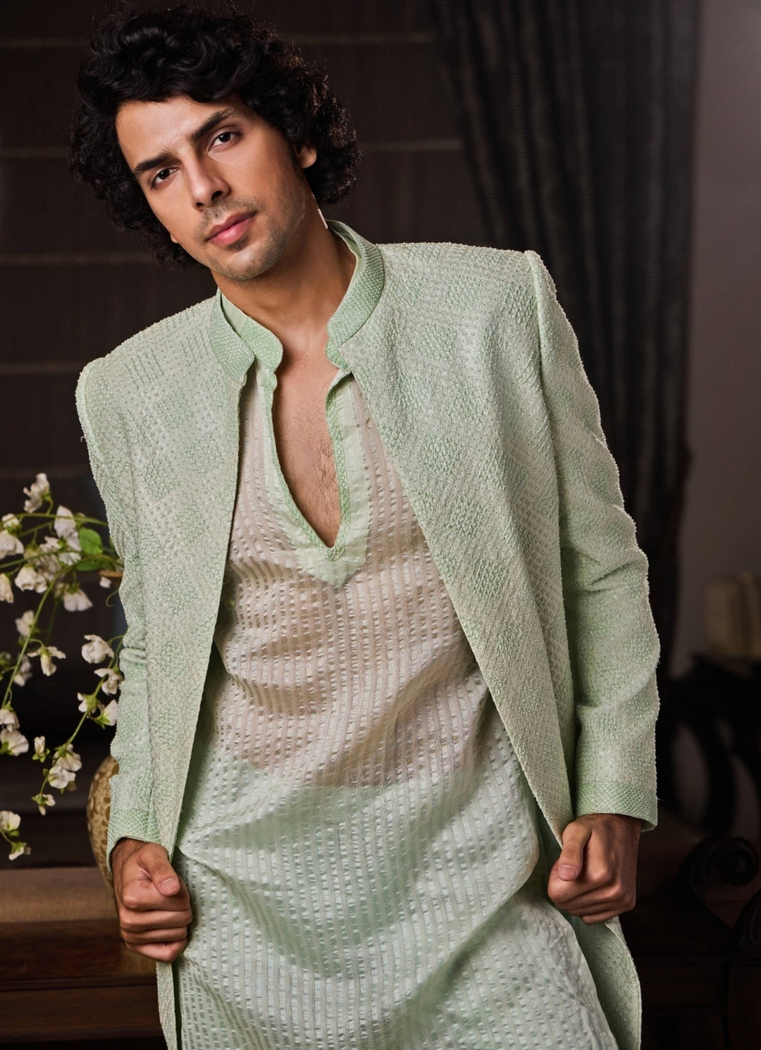 Mint Green Raw Silk Sherwani Set Nitika Gujral - Men - Fabilicious Fashion