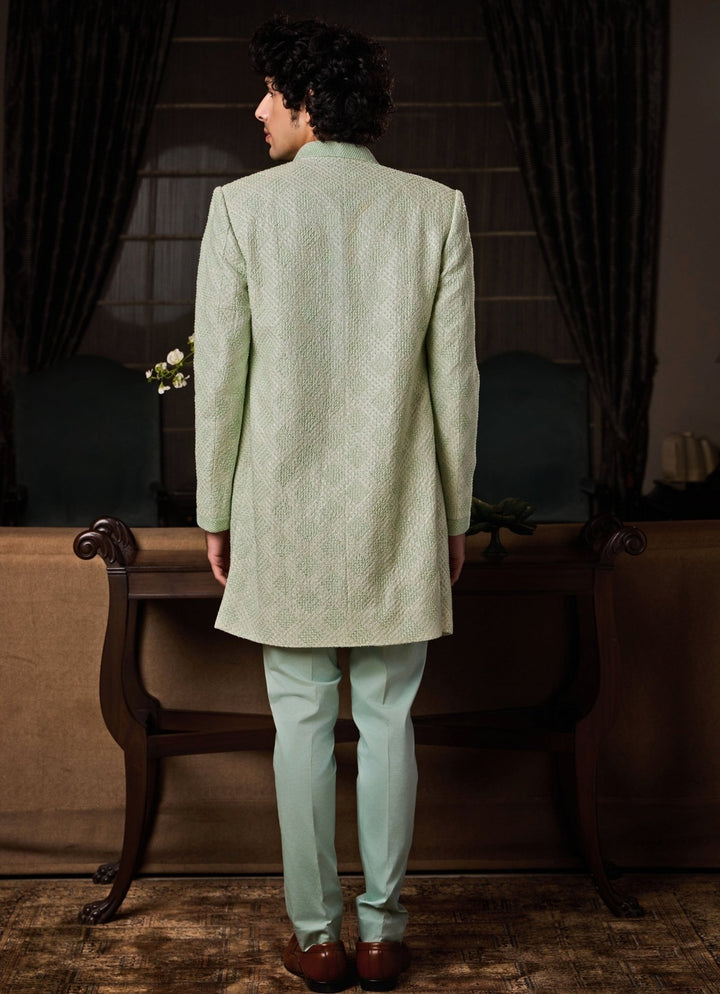 Mint Green Raw Silk Sherwani Set Nitika Gujral - Men - Fabilicious Fashion