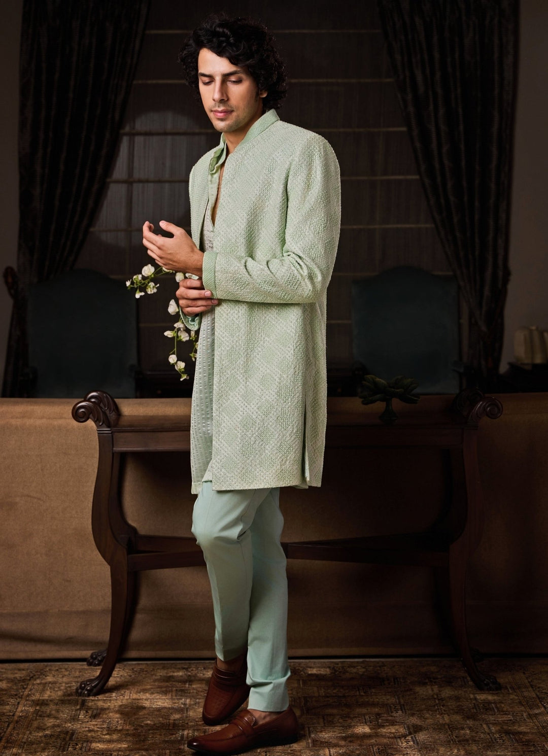 Mint Green Raw Silk Sherwani Set Nitika Gujral - Men - Fabilicious Fashion
