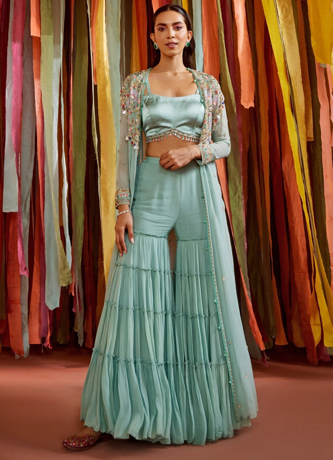 Mint Green Resham Embroidered Blouse Sharara Set With Cape Sanya Gulati - Fabilicious Fashion