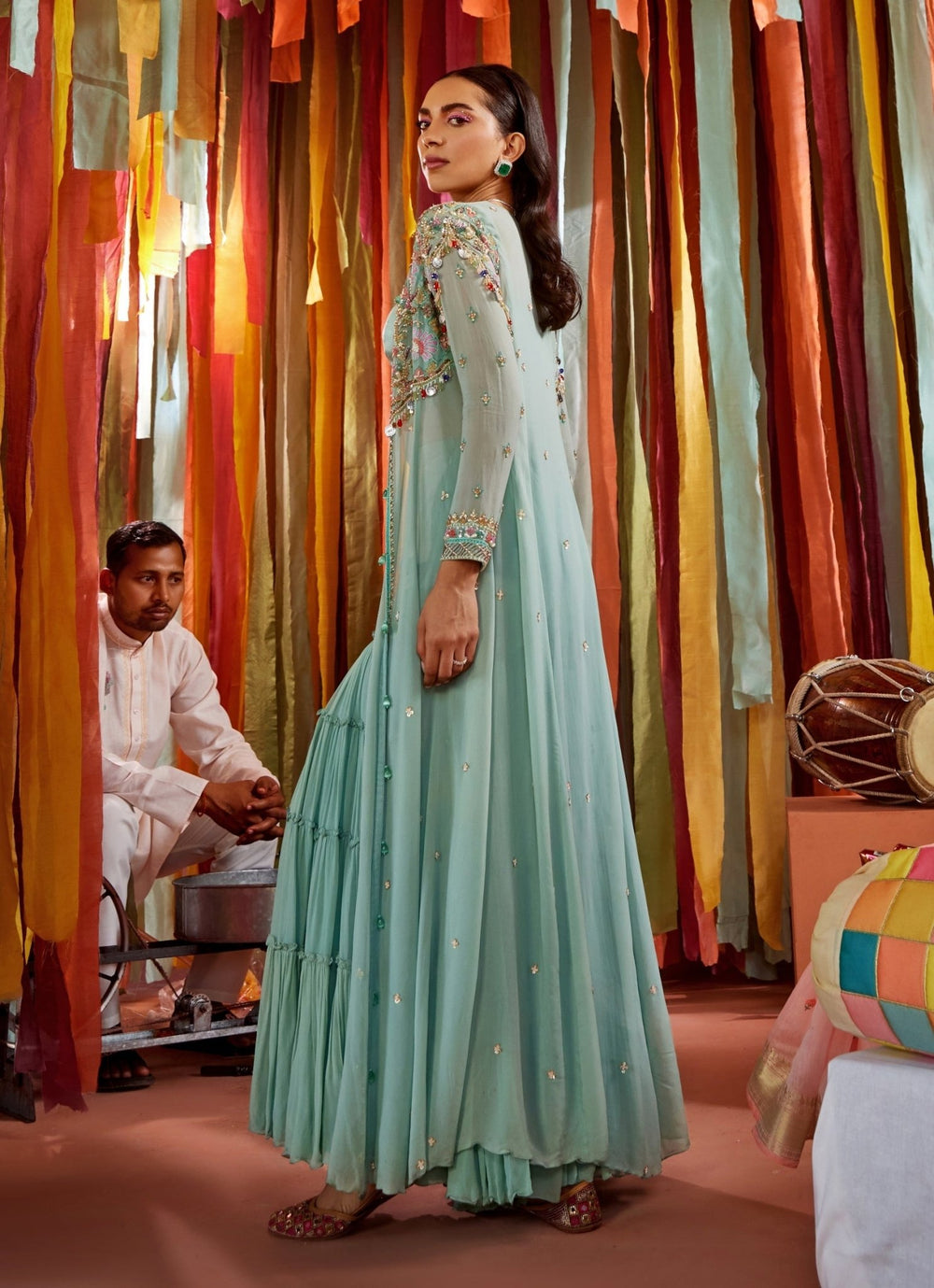 Mint Green Resham Embroidered Blouse Sharara Set With Cape Sanya Gulati - Fabilicious Fashion