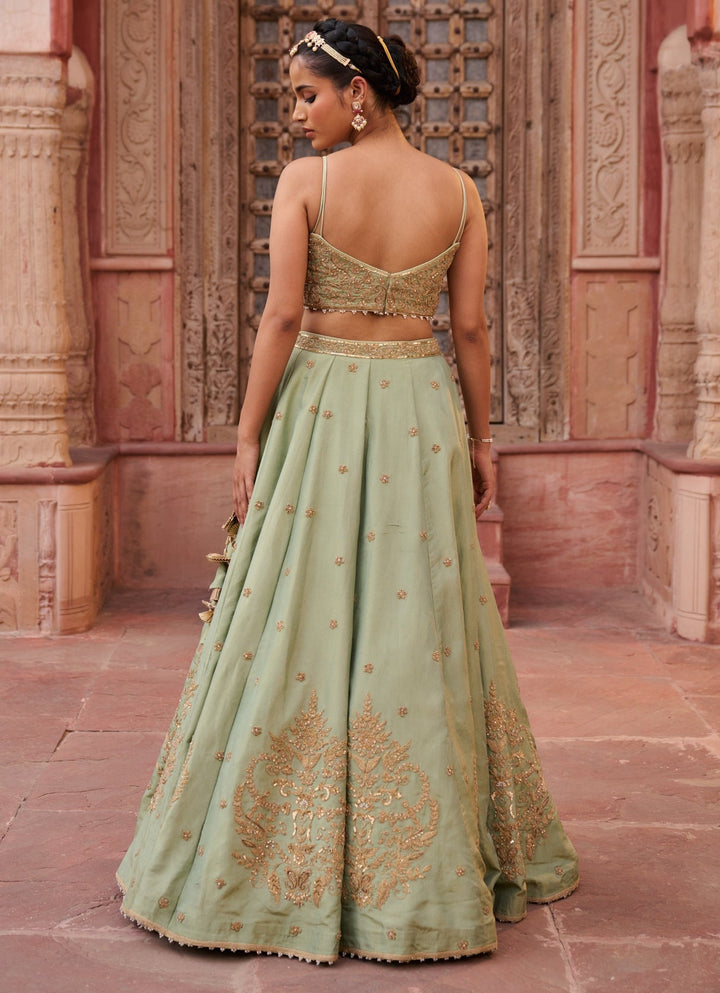 Mint Green Sequinned Tissue Lehenga Set KAPDA DORI - Fabilicious Fashion