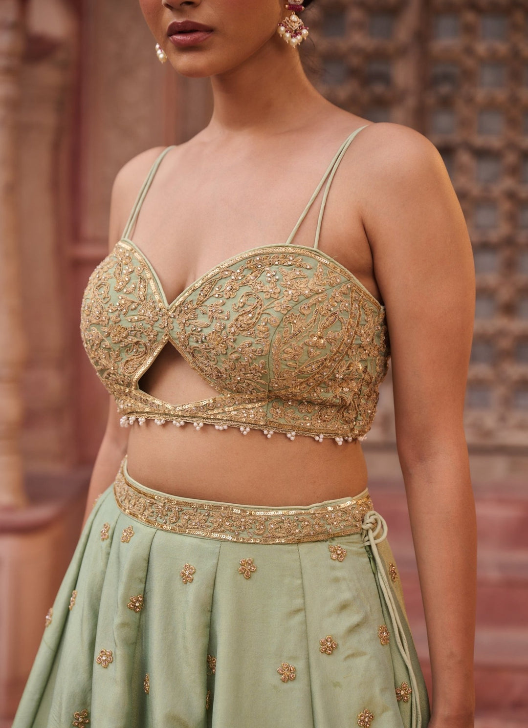 Mint Green Sequinned Tissue Lehenga Set KAPDA DORI - Fabilicious Fashion