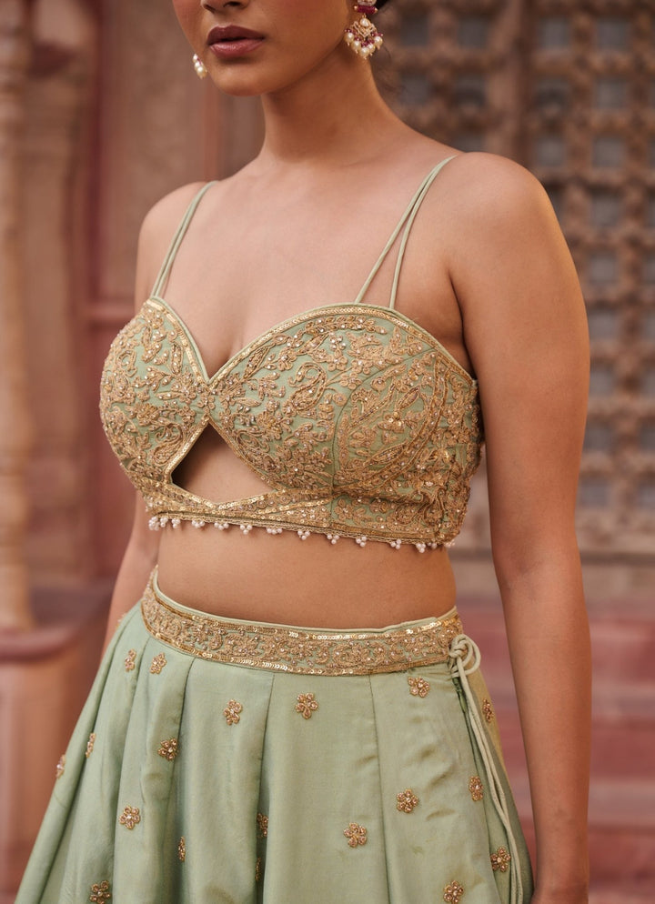 Mint Green Sequinned Tissue Lehenga Set KAPDA DORI - Fabilicious Fashion