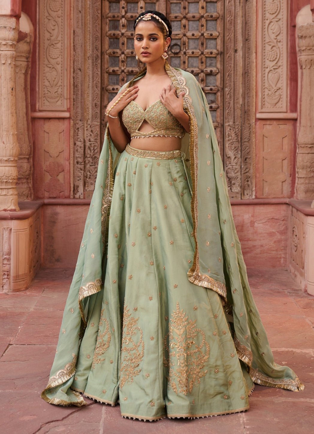 Mint Green Sequinned Tissue Lehenga Set KAPDA DORI - Fabilicious Fashion