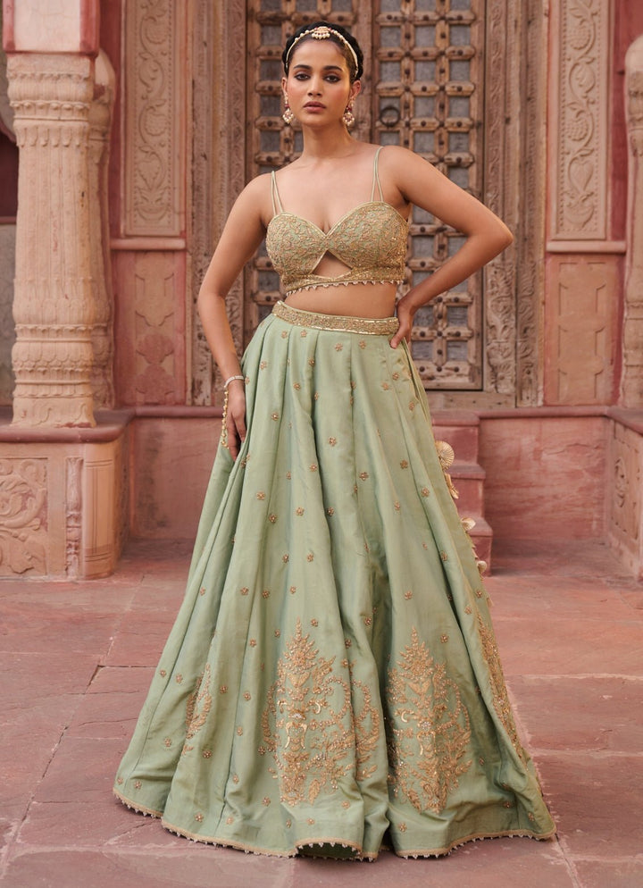 Mint Green Sequinned Tissue Lehenga Set KAPDA DORI - Fabilicious Fashion