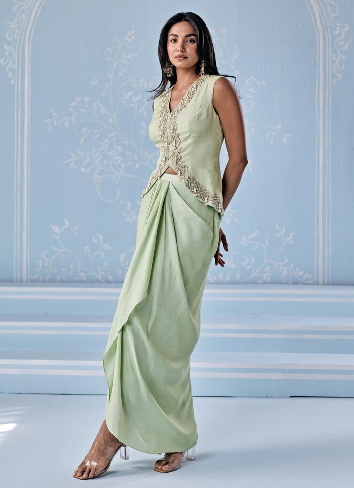 Seema Thukral Mint Green Silk Draped Skirt With JacketFabilicious Fashion