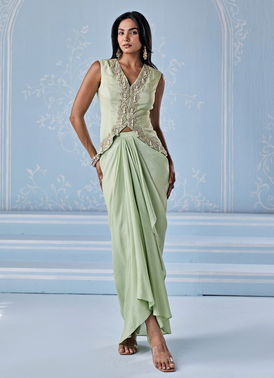 Mint Green Silk Draped Skirt With Jacket Seema Thukral - Fabilicious Fashion