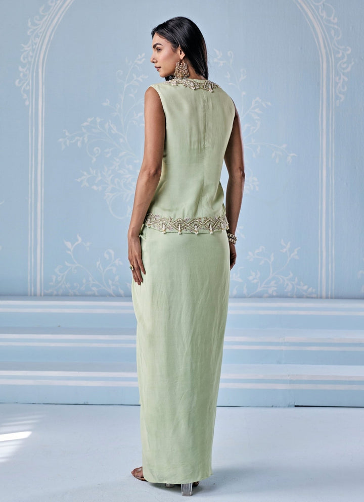 Seema Thukral Mint Green Silk Draped Skirt With JacketFabilicious Fashion