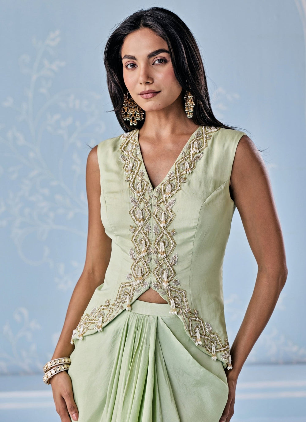 Mint Green Silk Draped Skirt With Jacket Seema Thukral - Fabilicious Fashion
