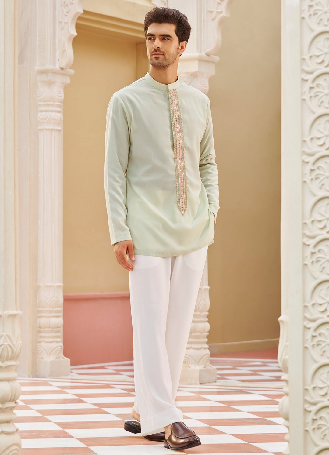 Mint Green Silk Kurta Set Contrast By Parth - Fabilicious Fashion