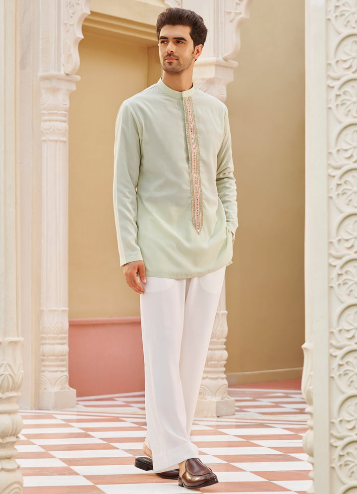 Mint Green Silk Kurta Set Contrast By Parth - Fabilicious Fashion