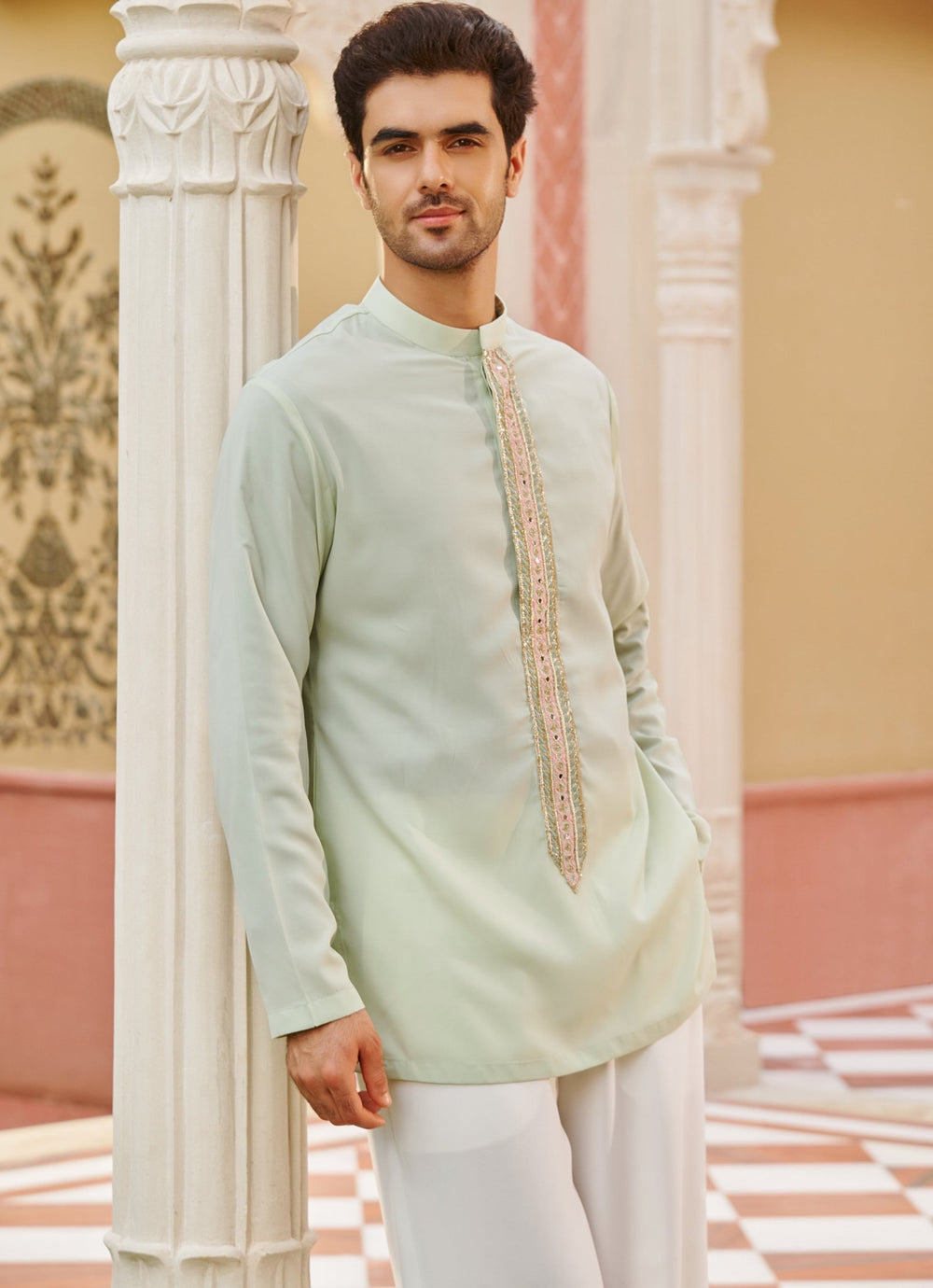 Mint Green Silk Kurta Set Contrast By Parth - Fabilicious Fashion