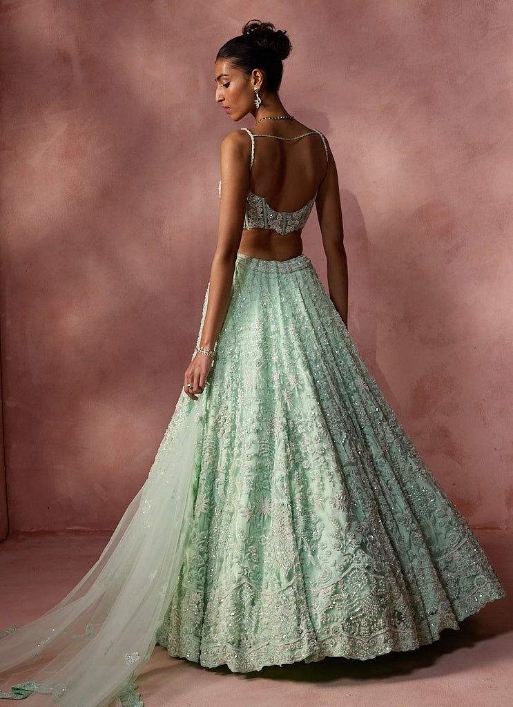 Mint Green Soft Net Lehenga Set With Corset Blouse Nitika Gujral - Fabilicious Fashion