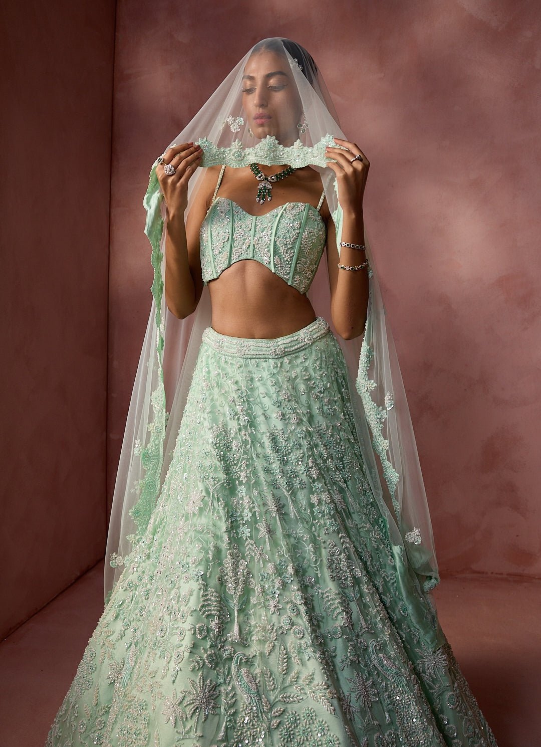 Mint Green Soft Net Lehenga Set With Corset Blouse Nitika Gujral - Fabilicious Fashion