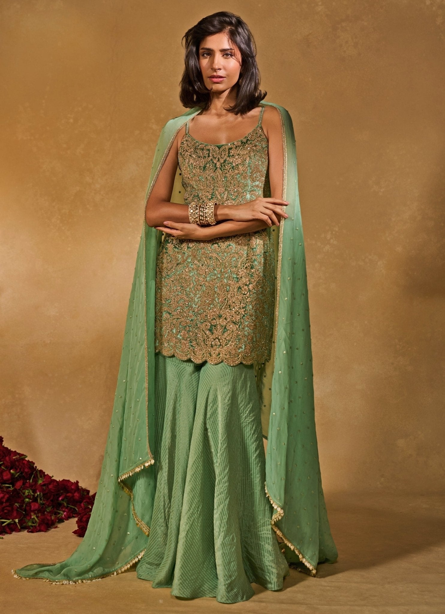 Mint green tissue jamewar sharara set for Punjabi Jaggo celebration