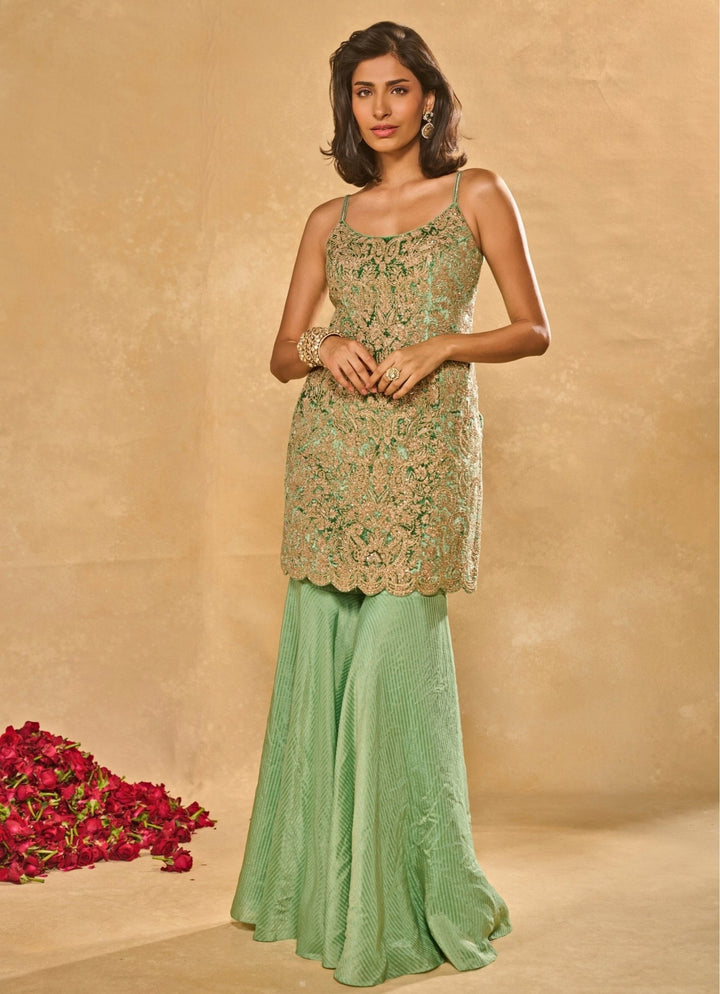 Mint Green Tissue Jamewar Kurta Sharara Set Chamee and Palak - Fabilicious Fashion