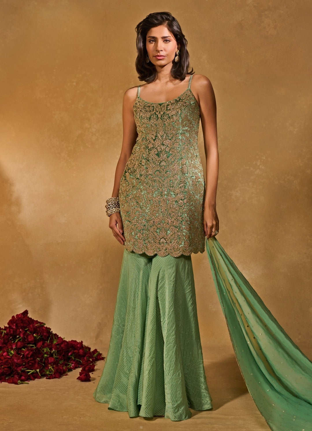 Mint Green Tissue Jamewar Kurta Sharara Set Chamee and Palak - Fabilicious Fashion