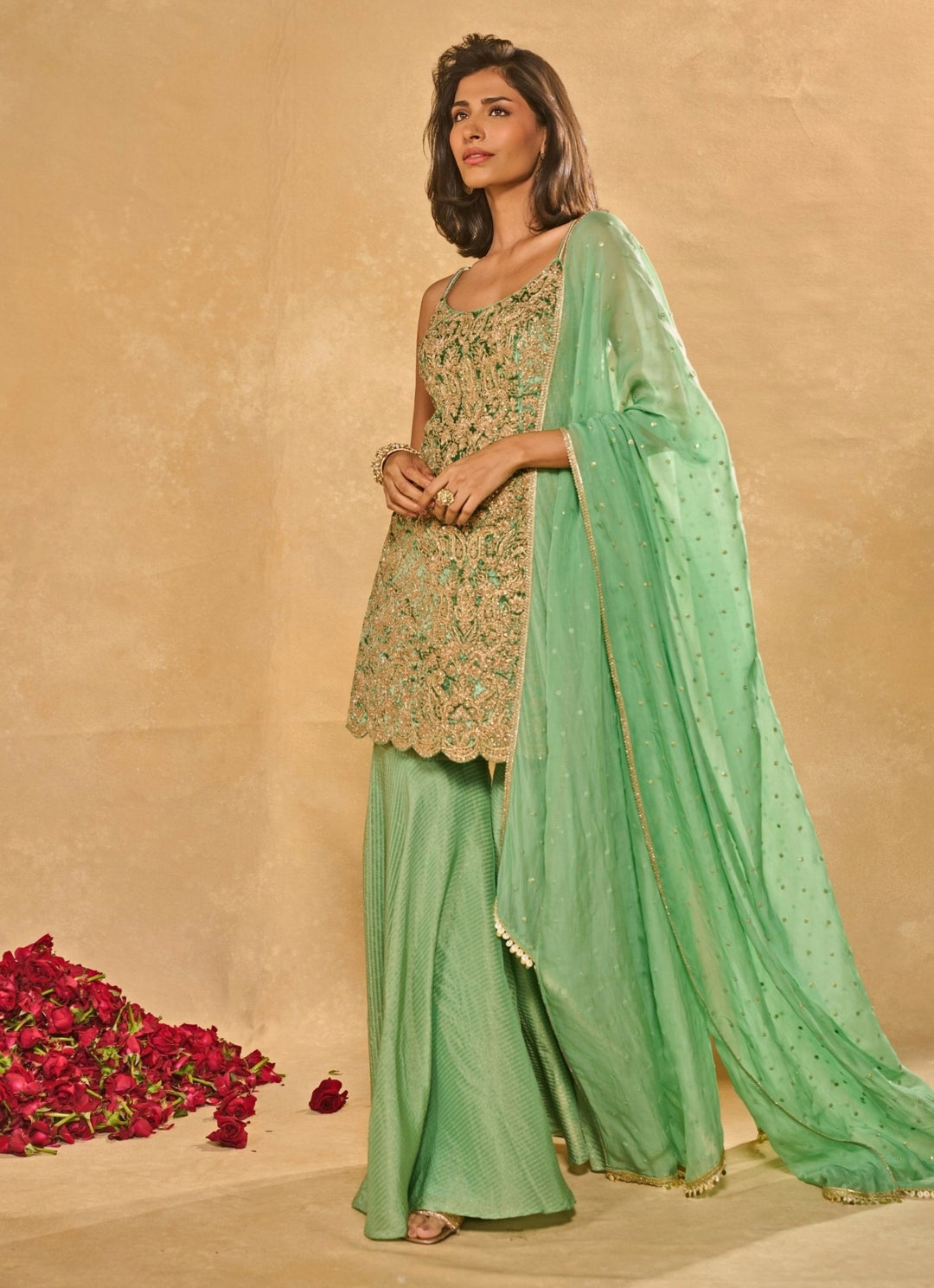 Mint Green Tissue Jamewar Kurta Sharara Set Chamee and Palak - Fabilicious Fashion