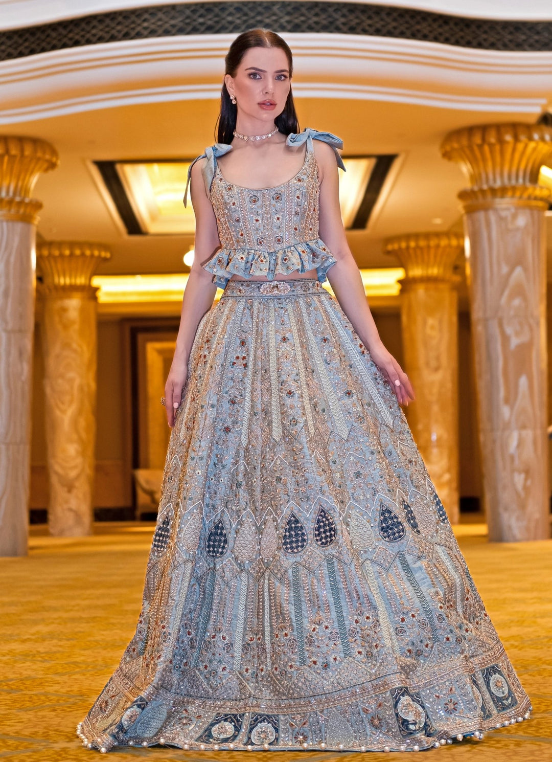 Mint Sage Green Embroidered Peplum Lehenga Set Jigar and Nikita - Fabilicious Fashion