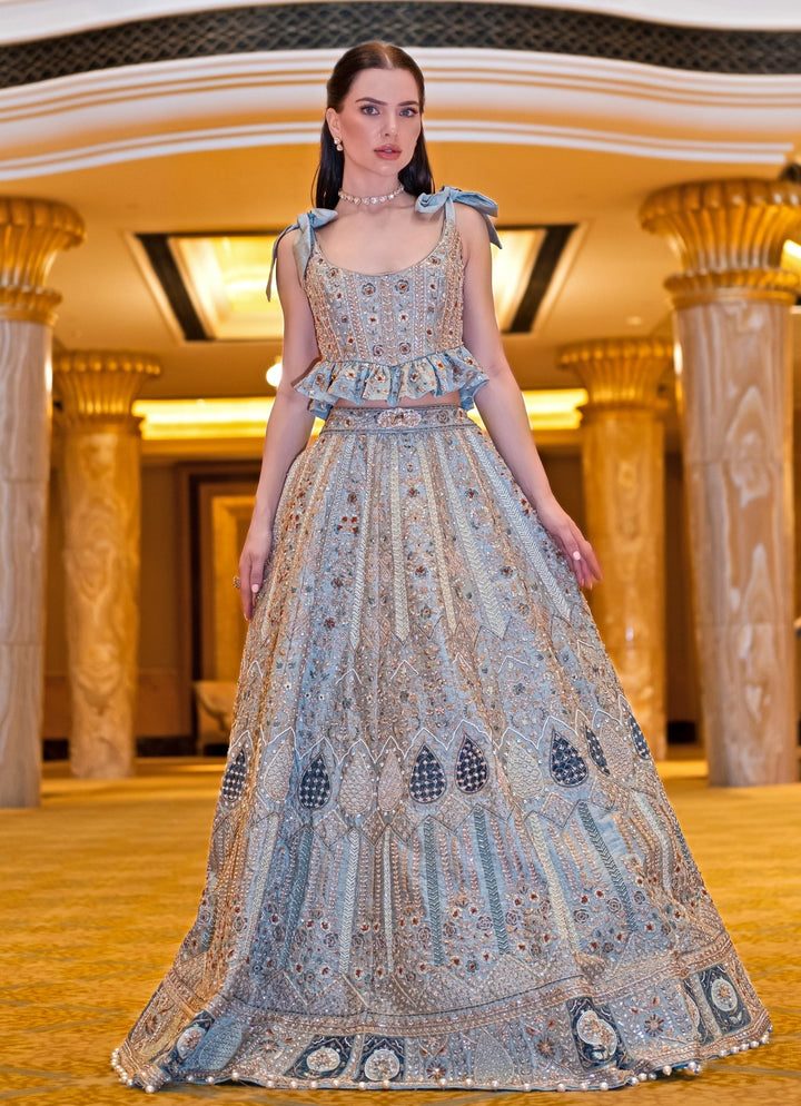 Mint Sage Green Embroidered Peplum Lehenga Set Jigar and Nikita - Fabilicious Fashion