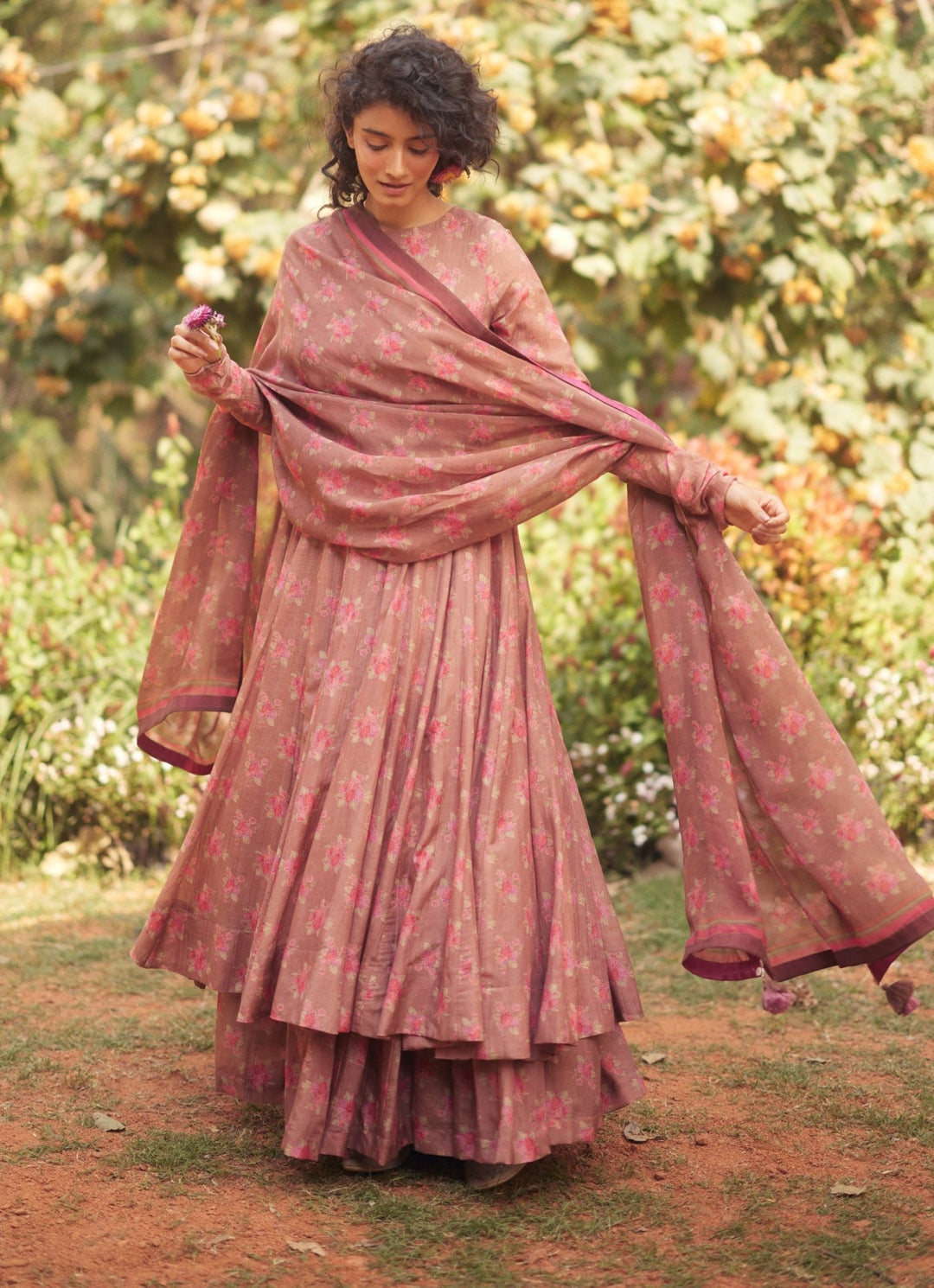 Mocha Brown Chanderi Anarkali With Skirt Set Paulmi and Harsh - Fabilicious Fashion