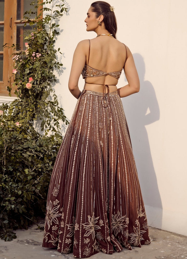 Mocha Brown Embroidered Lehenga Set Parul Gandhi - Fabilicious Fashion