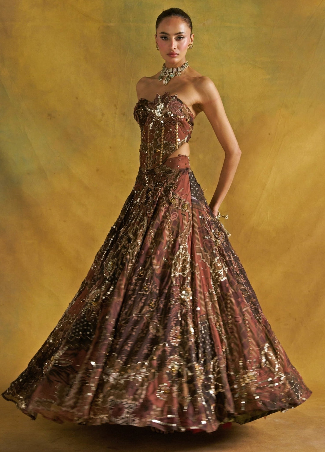 Rishi and Vibhuti Mocha Brown Embroidered Organza Corset Lehenga SetFabilicious Fashion
