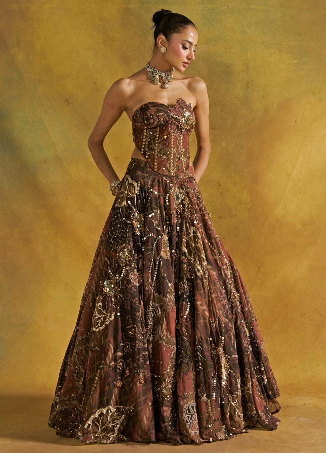 Rishi and Vibhuti Mocha Brown Embroidered Organza Corset Lehenga SetFabilicious Fashion