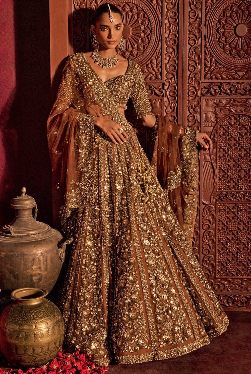 Mocha Brown Embroidered Soft Net Lehenga Set Prevasu - Fabilicious Fashion