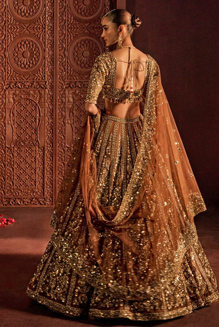 Mocha Brown Embroidered Soft Net Lehenga Set Prevasu - Fabilicious Fashion