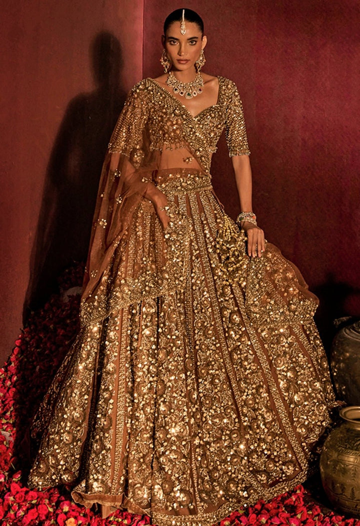 Mocha Brown Embroidered Soft Net Lehenga Set Prevasu - Fabilicious Fashion
