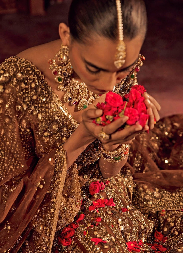 Mocha Brown Embroidered Soft Net Lehenga Set Prevasu - Fabilicious Fashion