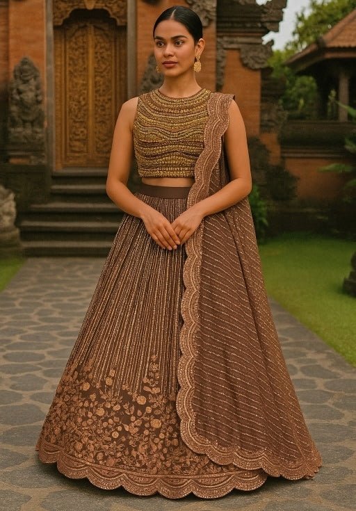 Mocha Brown Embroidered Soft Net Lehenga Anisha Shetty - Fabilicious Fashion