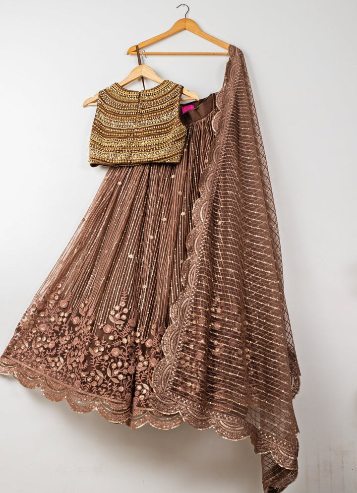 Mocha Brown Embroidered Soft Net Lehenga Anisha Shetty - Fabilicious Fashion