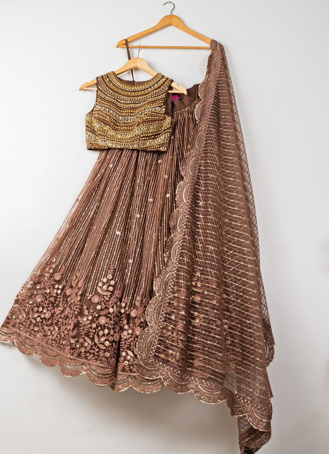 Mocha Brown Embroidered Soft Net Lehenga Anisha Shetty - Fabilicious Fashion