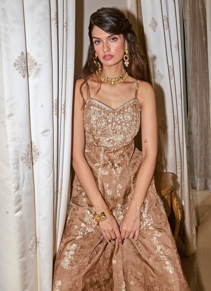 Mocha Brown Jacquard Jumpsuit Paulmi and Harsh - Fabilicious Fashion